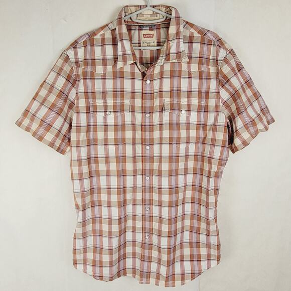 Levis pearl snap button up shirt Size Medium Tan plaid short sleeve Western - Picture 1 of 8